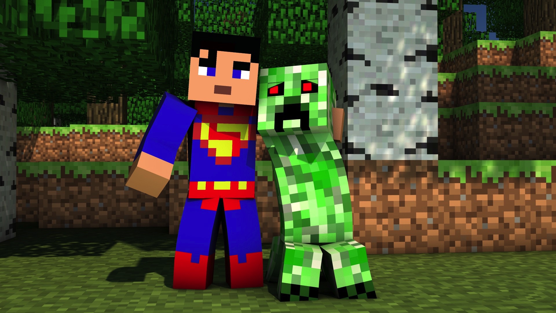 Superman and a Creeper in Minecraft