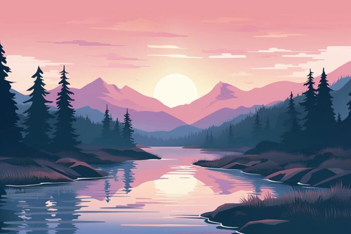 Landscape - Sunset over Mountains and River